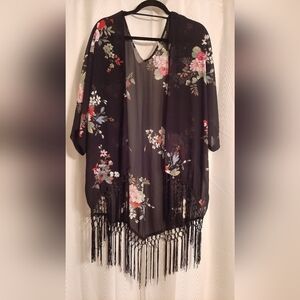 Sheer Floral Fringed Shawl size XS/S